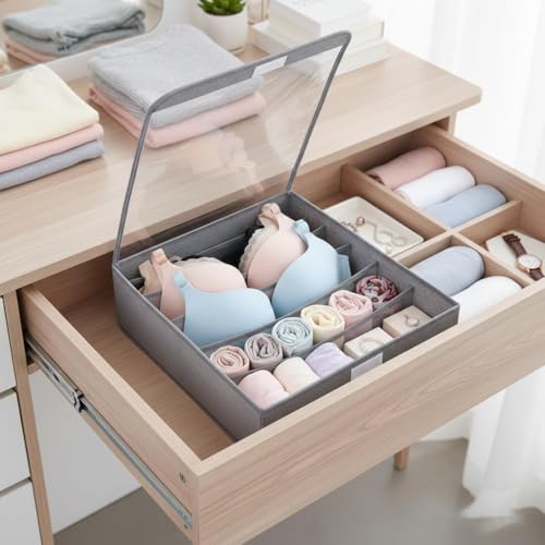 Image of House of Quirk 7 Slot Foldable Underwear and Bra Drawer Organizer, Closet, Dresser, Drawer, Organizer, Fabric Basket, Clothes, Bra, Underwear, Clothing, Divider (Grey)
