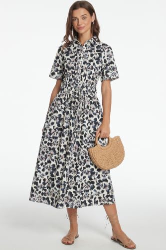 Image of Ladyful Women Casual Button Down Short Sleeve Shirt Dress Tie Waist Midi Shirt Dress Elegant Business Party