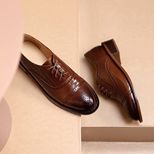 U-Lite Women's Perforated Lace-Up Wingtip Pure Color Leather Flat Oxfords Vintage Oxford Shoes Brown-4 8 #TOP2