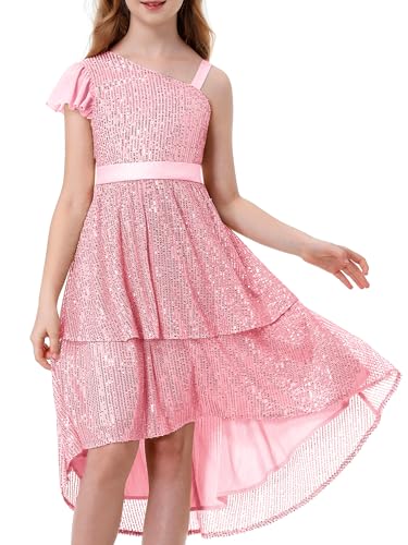 LOLANTA Girls Sequin Party Dress One Shoulder Layered Sparkle High Low Dresses for Birthday Graduation Prom