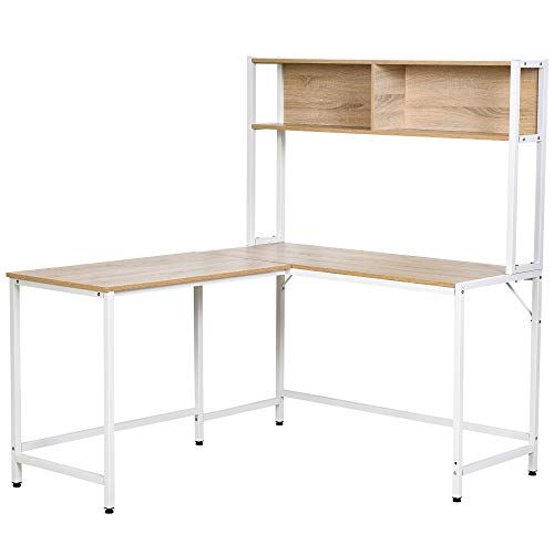 HOMCOM Escritorio en Forma de L Multifuncional Mesa de Ordenador para Oficina o Estudio con Estantes Altos Espacio Amplio Moderno y Minimalista 140x125x149 cm Color Madera