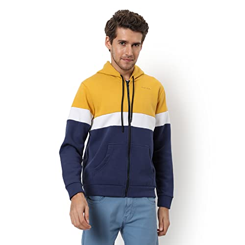 Image of CAHOOT Men's Dark Blue Zip-Front Hoodie with Contrast Drawstring for Casual Wear | Long Sleeve | Hooded Neck | Zipper Closure | Cotton Sweatshirt Crafted with Comfort Fit for Everyday Wear