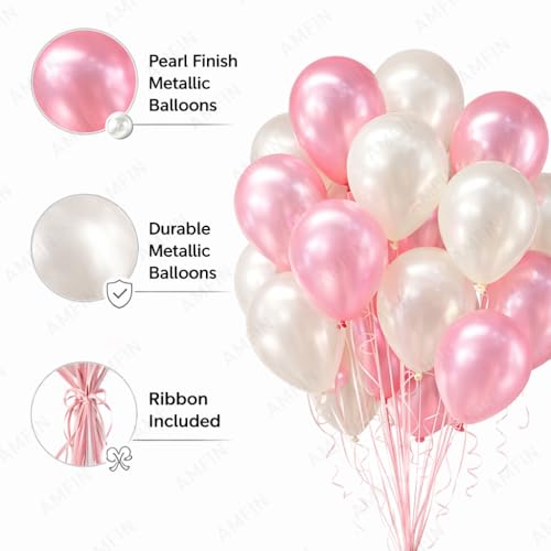 Image of AMFIN Metallic Balloons white & Pink for Birthday Decoration (Pack of 50)