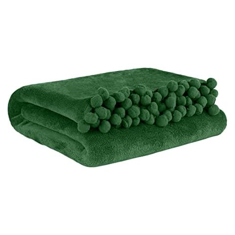 HOMLA HJO Cuddly Blanket with Pompoms Fluffy and Soft - Blanket Bedspread Plaid Bed Cover - for Couch Sofa Bed Polyester 150 x 200 cm Green Colour Cover
