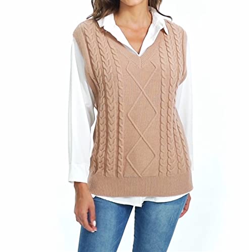 Image of Women's Sweater Vest,Long Cable Loose Knitted Sleeveless V Neck Casual Sweaters Tank Top S~XL