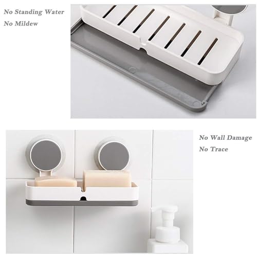 Image of Plastic Wall Mounted Double Layers Soap Dish Saver with Drain Tray, Adhesive Sponge Holder No-Drilling Soap Holder for Shower Bathroom Kitchen - Multicolour (Grey & White)