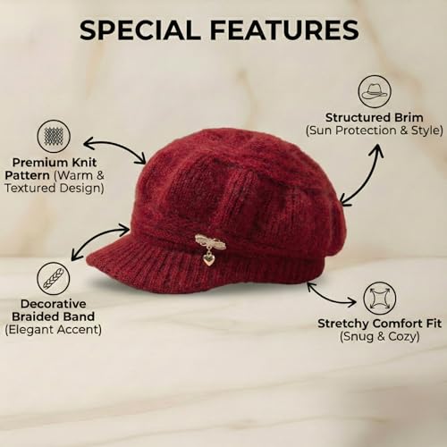 Image of Kraptick Women's Winter Knit Visor Beanie Hat with Soft Fleece Lining, Stylish Woollen Slouchy Warm Cap for Ladies, Snow Sun Shield Knit Cap for Winter -2