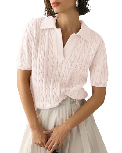 Image of BeautyNee Women's Short Sleeve Sweaters Tops Solid Lapel V Neck Cable Knit Polo Sweater Casual Soft Collared Pullover