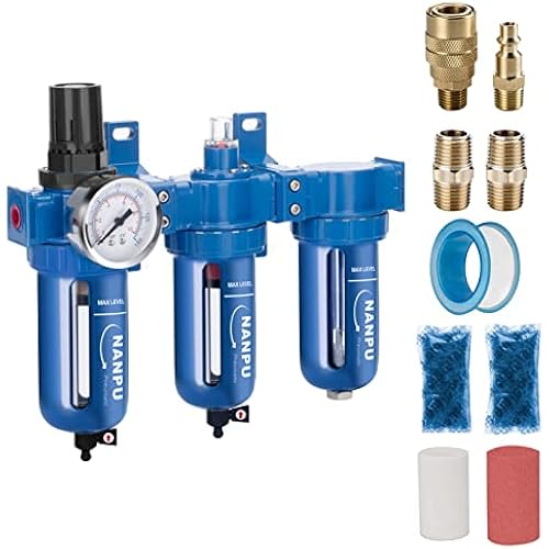 NANPU Zinc Alloy 3 Stage Air System - Particulate Filter, Coalescing Filter, Desiccant Dryer & Air Regulator, Poly Bowl, Manual Drain, Mid Flow, Suitable for Paint Spray & Plasma Cutter (3/8" NPT)