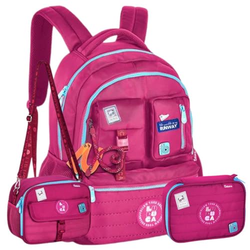 kit Mochila Luluca Nylon com Matelassê Com Lancheira e Estojo 21 Litros (Rosa)