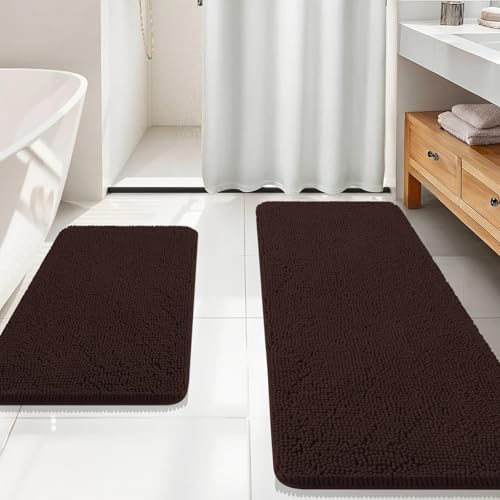 Image of OLANLY Bathroom Rugs Sets 2 Piece, Soft Absorbent Chenille Bath Mats Area Rug Set, Non-Slip, Quick Dry, Machine Washable Bath Mats for Bathroom, Home Decor Accessories (59 inchx20 inch+30 inchx20 inch, Brown)