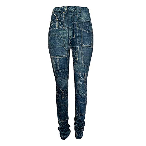 Women Casual Jeans Print Trousers High Waist Drawstring Stacked Pants Vintage Stretch Palazzo Trousers4