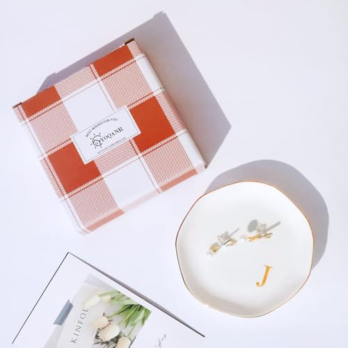 Image of Ceramic Jewelry Tray Initial Ring Dish Personalized J-Monogrammed Engagement Wedding Gifts, for Birthday Mother's Day Christmas for Women, Ceramic White 4.75 inch (J)