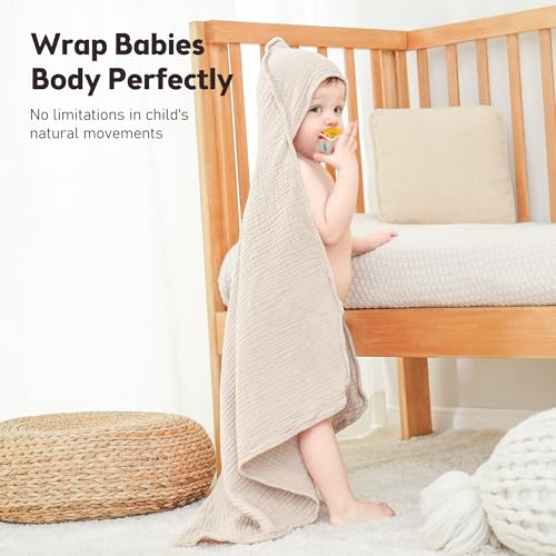 Image of Susurration Hooded Baby Towels for Newborn 2 Pack 100% Muslin Cotton Towel for Babies，Highly Absorbent and Newborn Essential 30x30 Inch Cream&Dark Green