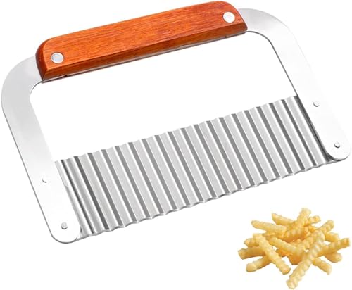 Image of Stainless Steel Wavy Blade Crinkle Cutter Knife - Vegetable & Potato Chip Slicer with Durable Nylon Handle - French Fry Cutter, Fruit, Salad, and Garnish Making Tool for Kitchen (Wood Brown)