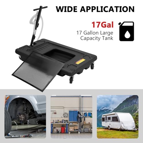 Image of GarveeTech 18 Gallon Oil Drain Pan, Low Profile Oil Drain Pan with 12V Electric Pump, Oil Change Pan with T Foldable Hand and Wheels, 8 ft Hose Oil Drain Cart for Car, SUV, Trucks