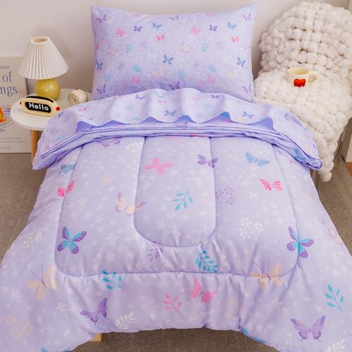 Image of Viviland Butterfly Floral Toddler Comforter Sets, Cute Girls Toddler Bedding Set, Soft Microfiber Purple Toddler Bed Set