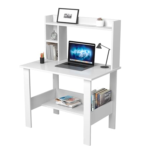 Image of Callas ST-40 Wooden Study Table with Hutch & Bottom Storage - Multi-Purpose Office Desk for Laptop, Computer, Writing & Study - Durable Engineered Wood Workstation for Home & Office (White, ST-40)
