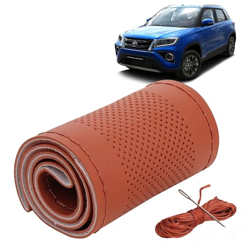 Image of KINGSWAY PU Leatherite Car Steering Cover Sewable Compatible with Toyota Urban Cruiser (Year 2020 Onwards), Tan Color with Tan Thread, Pack of 1 with Sewing Needle and Thread