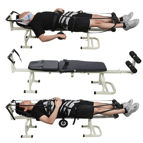 Inversion Massage Traction Table, Portable Cervical Lumbar Traction Bed Spine Stretcher Decompression Machine, Neck & Back Pain Relief Device with Ergonomic Handwheel, 350 LB Capacity (Black)