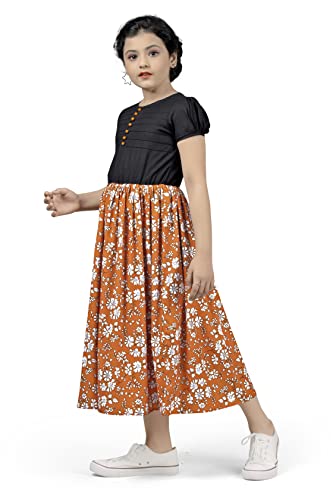 Image of Jwalin Girls Crepe Floral Printed Calf Length Dress (Black 5-6 Year)