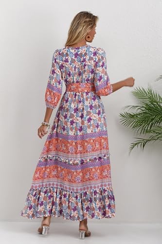 Image of Women Boho High-Waist Floral Print Maxi Dress 3 /4 Sleeve Casual | Soft Rayon, Breathable, Quick-Dry. High-Waist with Adjustable Belt, Flattering Hem. Ideal for Beach, Work & Dating.