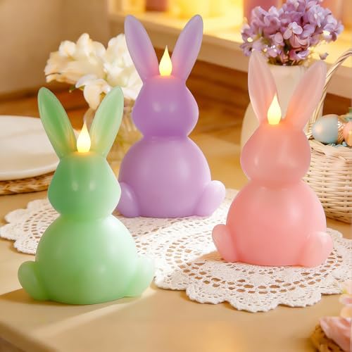 Leorate 3PCS Easter Bunny Flameless Candles – 7.5' Battery Operated LED Rabbit Candles with Flickering Flame, Green Purple Pink Real Wax Finish for Easter Decor, Table Centerpiece & Spring Home