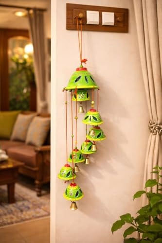Image of Bindian Rajasthani Handcrafted 8-Bell Hanging Windchimes | Traditional Plastic Latkan for Home Decor, Vastu & Positive Energy | Elegant Wall Hanging for Balcony, Living Room (Green-2)