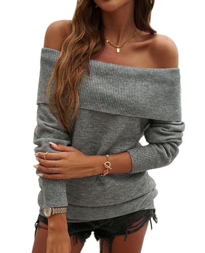 Image of Off The Shoulder Sweater for Women 2025 Knitted Folded Over Long Sleeve Pullover Sweaters