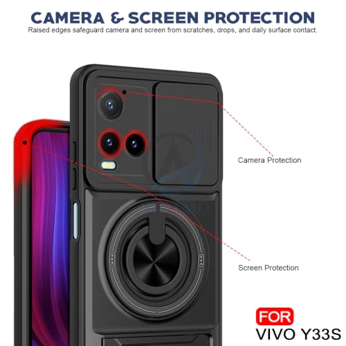 Image of AESTMO Vivo Y33S Back Cover | Armor Camera Slider 360 Degree Rotating Finger Ring Holder Case with Bracket Stand Back Case Cover (Compatible with MagSafe Accessories) (Black)