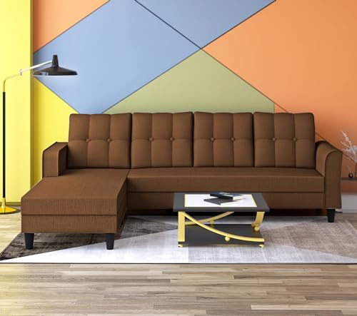 Image of Adorn India Maddox Tufted L Shape 5 Seater Sofa Set LHS (Brown) (3 Year Warranty)
