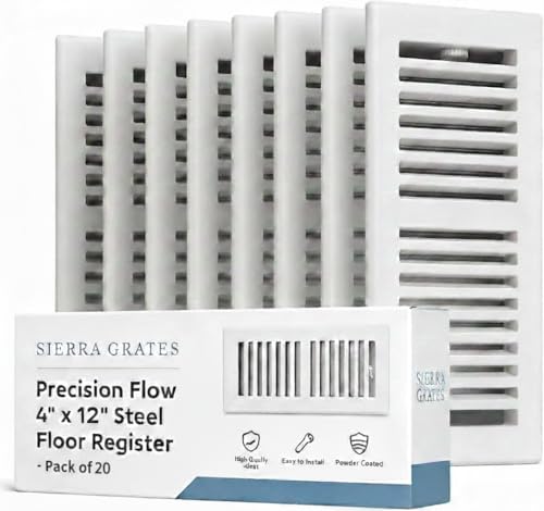 Image of 4 inch x 12 inch White Floor Register 2 Way - Stamped Face Steel Vent Cover, HVAC Floor Grille for AC Heat, Fits 4x12 Duct Opening, Heavy Duty Metal Register, 20 Pack