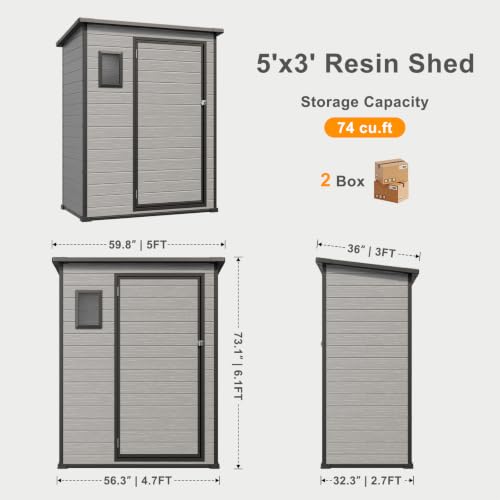 Image of 5X3FT Plastic Storage Shed with Floor and Hinged Door for Backyard