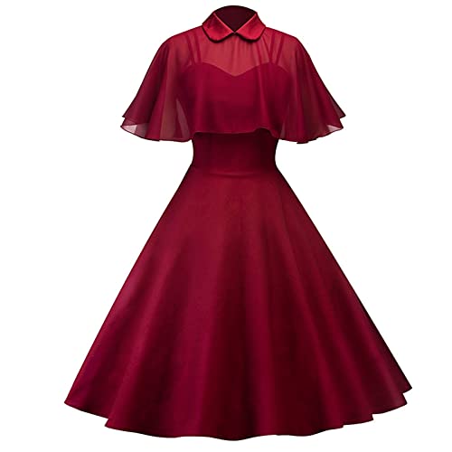 Vestido de Manga Larga para Mujer, Estilo Retro, Elegante, con Puntos de Viento y Costuras Vestidos Anchos Mujer (Red, M)