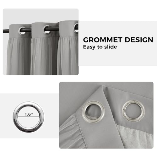 Image of 100% Blackout Curtains for Bedroom, Double Layer Grey Curtains, Black Out Curtain 90 inch Long with Sheer Overlay for Living Room, Room Darkening Window Drapes with Grommet, 52 inch W x 90 inch L