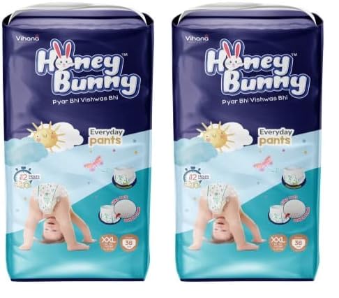 Honey Bunny Everyday Baby Diapers Pants | Extra Extra Large (XXL), 38 Count, 17-25 kg | Silky Soft on Skin | 12 Hours Protection Baby Diaper (Pack of 2)-image-24