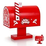 JULEASEL Wooden Christmas Mailbox with 12 Envelopes & Cards, Letters to Santa Holiday Decoration for Kids & Family, Red Wooden Santa Mail Box for Christmas Tabletop Display