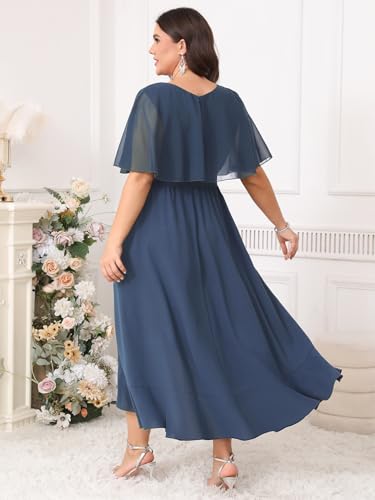 Image of Women Plus Size Long Formal Dress Short Sleeve Chiffon Ruffle V Neck High Low Split Wedding Guest Maxi Dresses