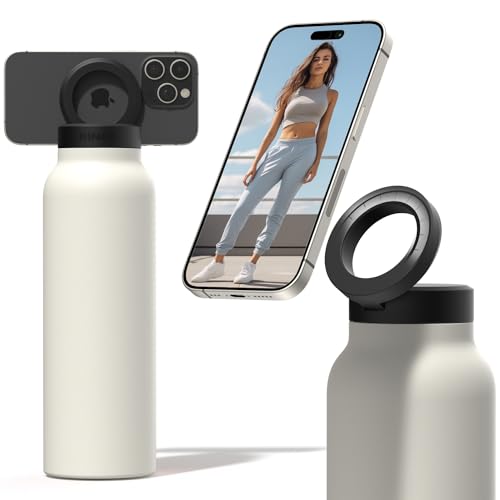 Ringo Insulated Water Bottle - MagSafe Compatible Water Bottle With Magnetic Phone Holder - Stainless Steel Water Bottle With Tripod Phone Mount - Hot 12H, Cold 24H, 360° Rotate - Ivory 32oz