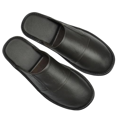 Image of Hwayslon Leather Slippers Men's Women's Leather Room Shoes Natural Cowhide Luxury Solid Color Unisex