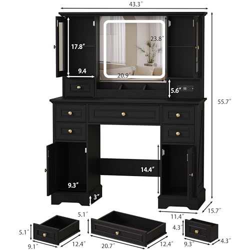 Image of Makeup Vanity Desk with Mirror and Lights, Farmhouse Vanity Table Set with 6 Drawer&Charging Station, Makeup Desk with RGB Cabinets, Black Vanity with Lighted Mirror for Girls Women, 3 Light Modes