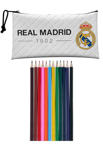 Genérico Estuche Portatodo Escolar R. Madrid (21 x 11 x 3 cm) + Pack de 12 Lapiceros de Colores - Set Vuelta al Cole