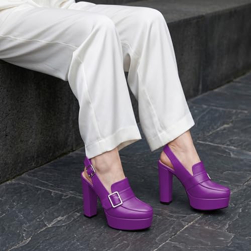 Image of Women's High Heel Loafers Platform Pumps Round Toe Heels Chunky Heel Pumps Stylish Comfortable 4.8 Inch Slingback Heels