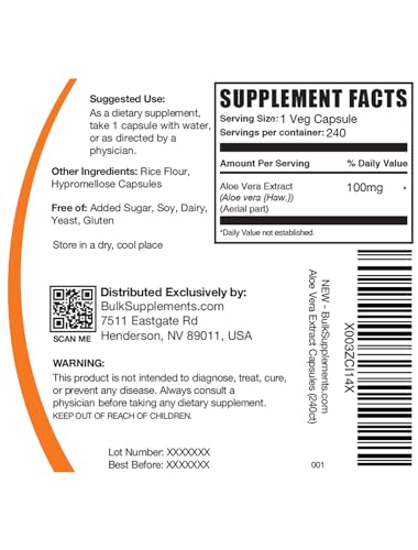 BulkSupplements.com Aloe Vera Capsules - Aloe Vera Extract, Aloe Vera Supplement - Herbal Supplement, Gluten Free, 1 Capsule per Serving, 240 Veg Capsules (Pack of 1) - Image 3