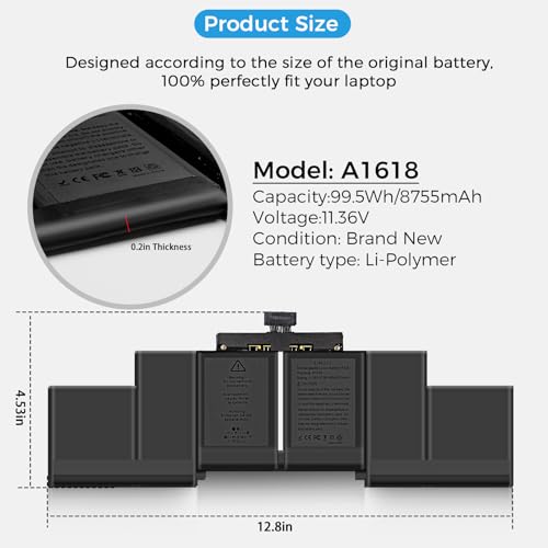 Image of A1398 Battery, A1618 A1494 Battery Replacement for MacBook Pro 15 Inch Mid 2015 Mid 2014 Late 2013 Version (Upgraded High Performance 99.5Wh 11.36V 8755mAh Li-Polymer)