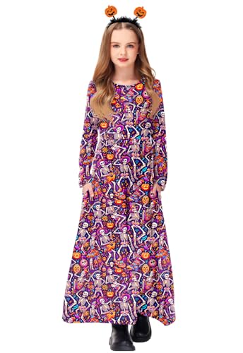 Image of Girls Halloween Maxi Dress Skeleton Day of Dead Sugar Skull Elastic Waist Pumpkin Dresses 7-8 Years