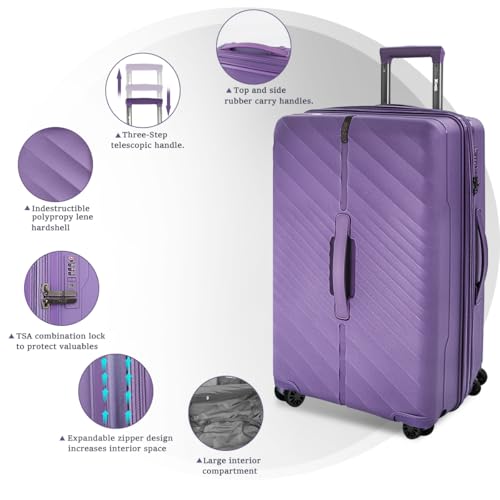 Expandable 20% Luggage- 26 Inch Luggage with Spinner Wheels-Suitcase PP Material Spinner Built-In TSA LOCK-Travel Luggage for Men Women,26''Purple4