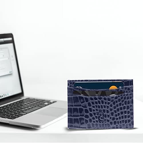 Image of KARA Blue Genuine Leather Card Holder - Unisex Slim ATM Credit Card Cover with 5 Visiting Cards Slots