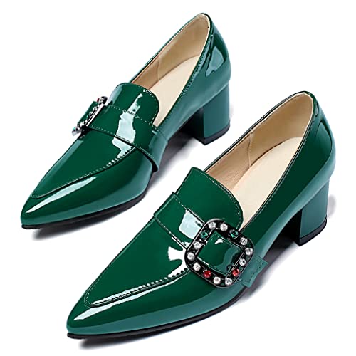 Women's Classic Buckle Slip On Loafers Pumps Pointed Toe Rhinestone Block Heel Office Dress Shoes2