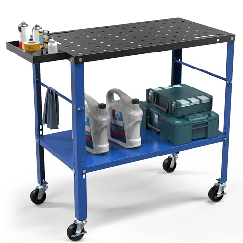 YITAHOME Portable Welding Table with Wheels, 36" x 18" Rolling Metal Workbench with 5/8" Fixture Holes, 1200lb Load Capacity Metal Welding Bench with Storage Tray & Extra Middle Shelf (Black & Blue)